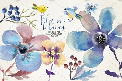 蓝色花卉素材插画 Aquarelle blue flower