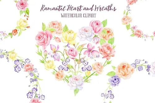 水彩玫瑰花环和爱心插画  Rose Wreath and H