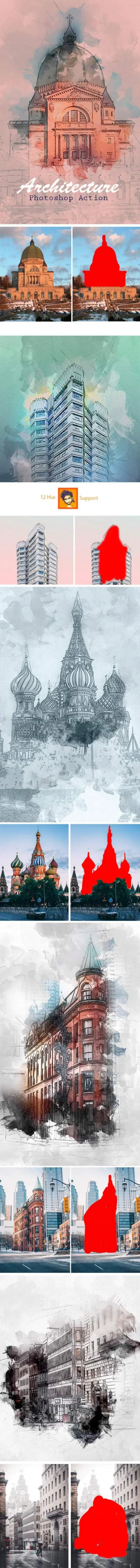 建筑照片后期处理效果ps动作Realistic Pencil