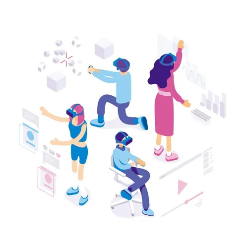 2.5D等距设计风格VR虚拟增强现实眼镜概念交流娱乐互动矢量EPS插图素材 778017046