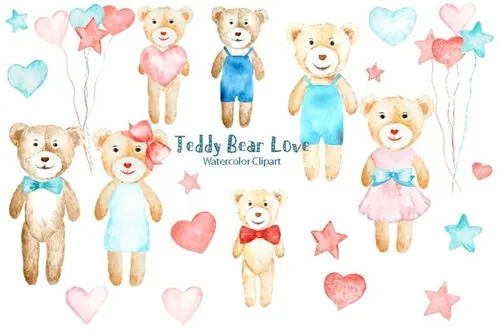 水彩泰迪熊爱心剪贴画 Watercolor Clipart