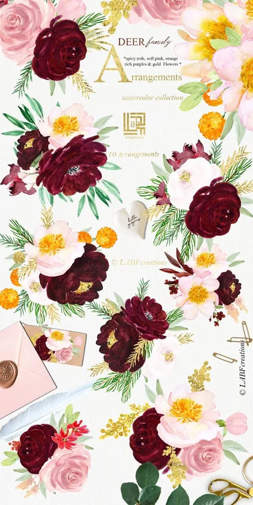 手绘水彩丛林梅花鹿植物设计素材 Deer-family.-S