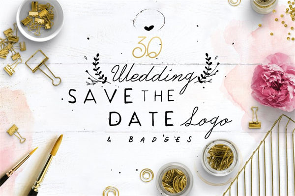 优雅的·花卉logo设计模板Save the Date Wreath Logo
