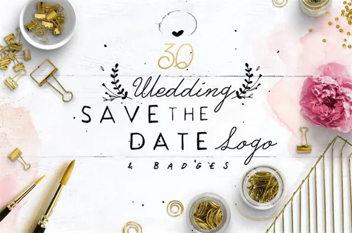 优雅的·花卉logo设计模板Save the Date Wreath Logo