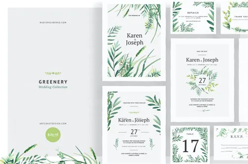 绿色手绘植物树叶插画婚礼邀请函请柬EPS矢量模板 Greenery Wedding Collection