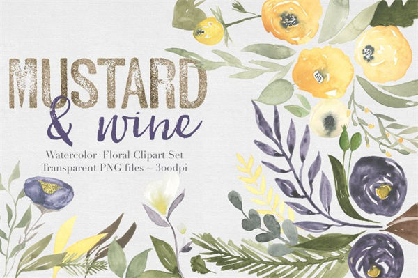 芥末水彩花卉logo设计剪贴画集 Must wine Floral Clipart Set