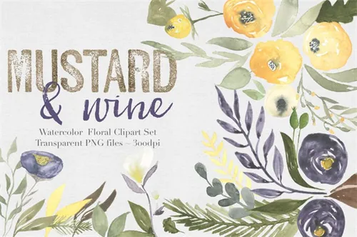 芥末水彩花卉logo设计剪贴画集 Must wine Floral Clipart Set