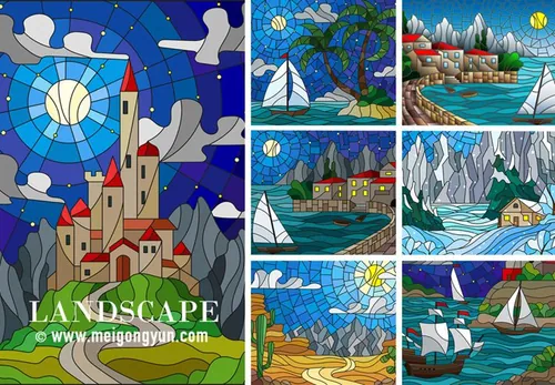 山水风景彩色玻璃效果矢量插图 Landscape