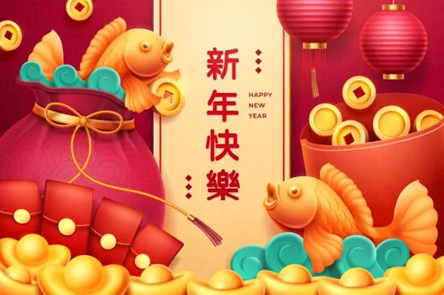 中国年东方传统庆祝新年宣传鞭炮烟花鲤鱼元宝祥云灯笼EPS矢量海报模板