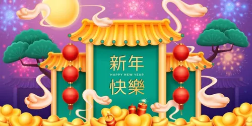 中国年东方传统庆祝新年宣传鞭炮烟花鲤鱼元宝祥云灯笼EPS矢量海报模板