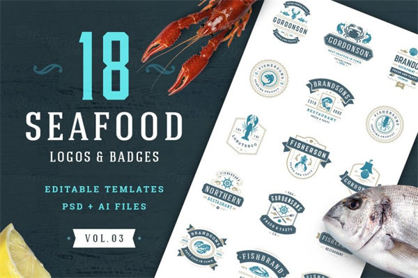 18个海鲜相关的logo和图形模板Seafood Logos  Badges