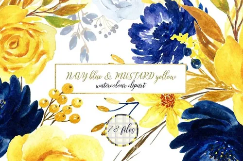 深蓝色芥末水彩花卉 Navy blue amp amp mu