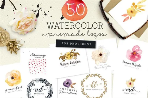 50个预制水彩logo模版  Premade Watercolor