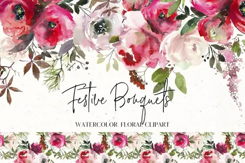 节日水彩花卉花束插画 Festive Bouquets Wa
