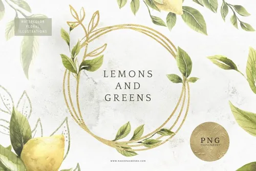 柠檬绿色枝叶水彩插画 Lemons Greens