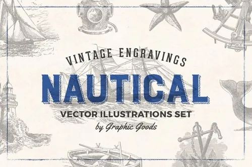 复古航海海洋生物帆船元素雕刻剪贴画矢量插画素材 Nautic