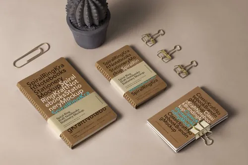 一套文具psd牛皮纸笔记本样机 Spiral Ring Psd Notebook Mockup