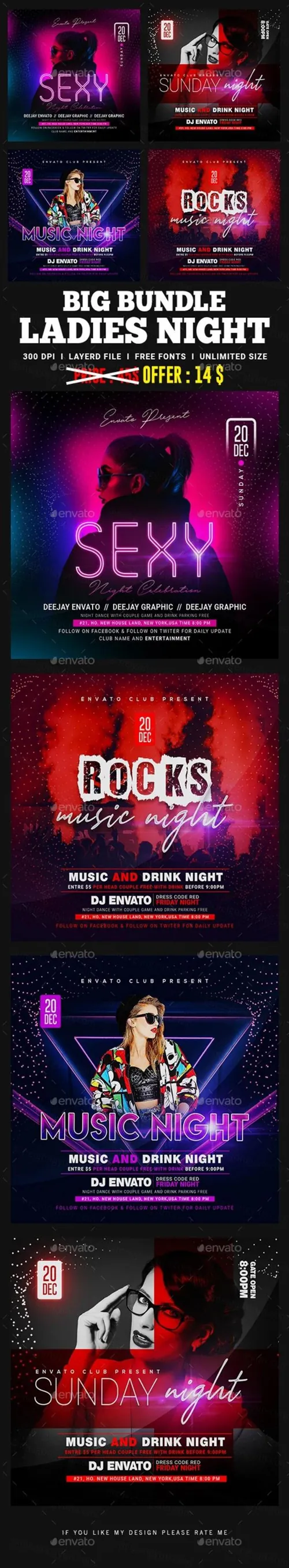 性感女士夜总会DJ音乐派对传单套装 Ladies Night Club Flyer Bundle