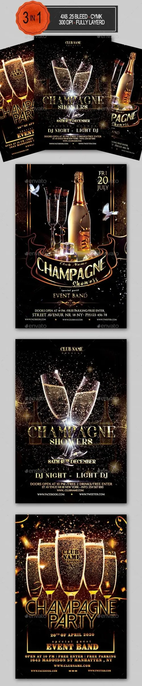 香槟派对活动邀请传单套装 Champagne Party Flyer Bundle