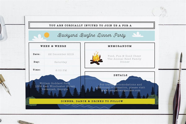 简约时尚个性的篝火宛燕party派对邀请函 bonfire-dinner-party-invitation
