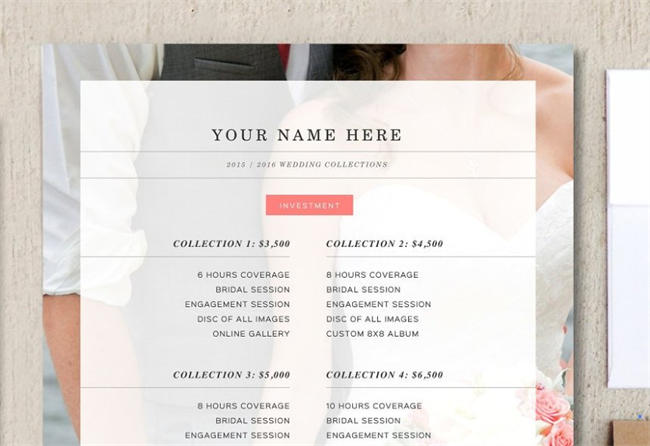 婚礼摄影师价目表宣传海报 Wedding Photographer Price List