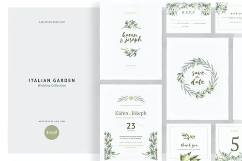 农场花园婚礼手绘水彩花束花卉邀请函矢量模板 Italian Garden Wedding Collection