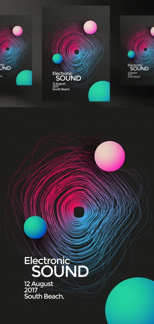 电子音乐电影节海报与抽象渐变线条矢量模板设计