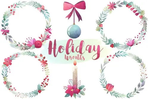 手绘水彩圣诞花环设计素材Watercolor Christmas Wreaths