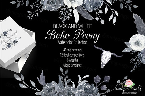 黑白牡丹花素材 Boho Peonies Black and White