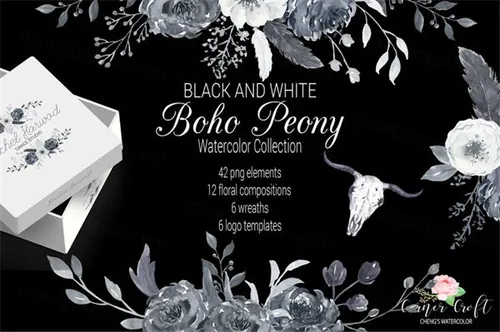 黑白牡丹花素材 Boho Peonies Black and White