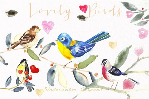 可爱的水彩彩色小鸟素材 Lovely birds.Watercolor