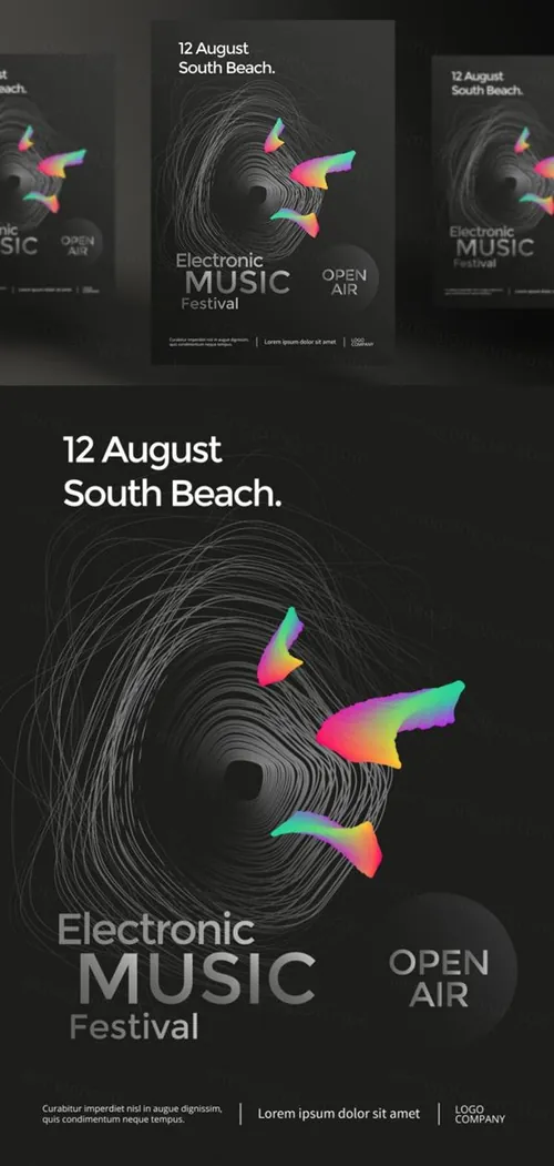 电子音乐电影节海报与抽象渐变线条矢量模板设计