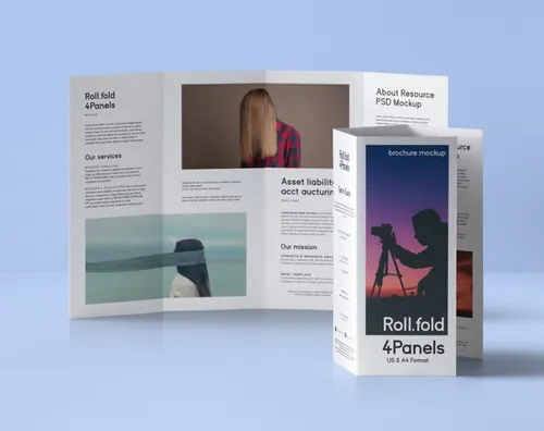 四面板卷折式psd小册子样机模板 Roll Fold Psd Brochure Mockup US A4