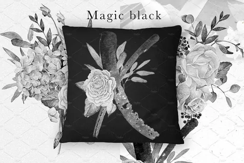 灰色字母花卉水彩套装Monograms-bouquets-v