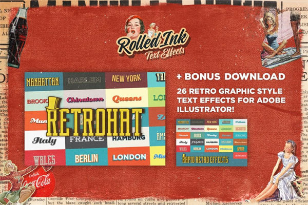 复古油墨印刷颗粒粗糙墨迹纹理文本文字效果矢量素材 Rolled Ink