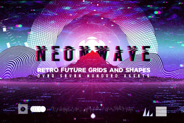 新复古蒸汽波未来派网格山脉抽象图形场景装饰元素合集包 Neo