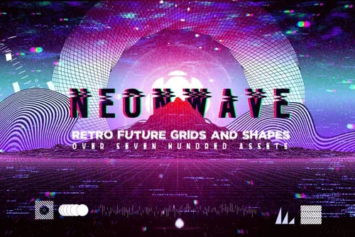 新复古蒸汽波未来派网格山脉抽象图形场景装饰元素合集包 Neo