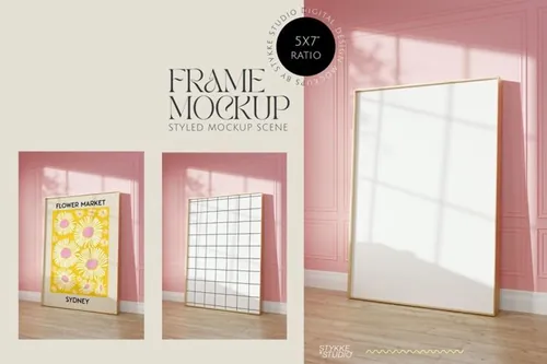 时尚极简主义粉色房间金色艺术画框画布展示样机模板 golden frame mockup pink room