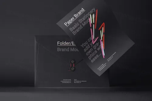 一套黑色简约风信封和标签样机 Psd Letter Envelope Mockup