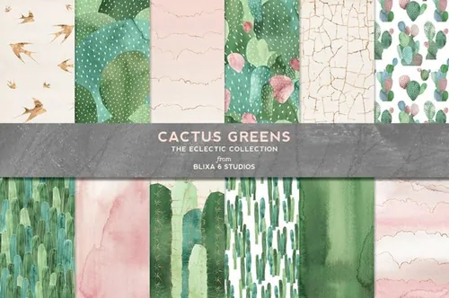 仙人掌绿色水彩图形 Cactus Greens Waterc