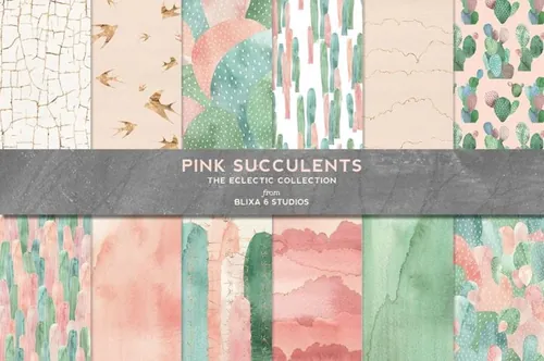 烫金粉红多肉水彩背景纹理 Pink Succulents