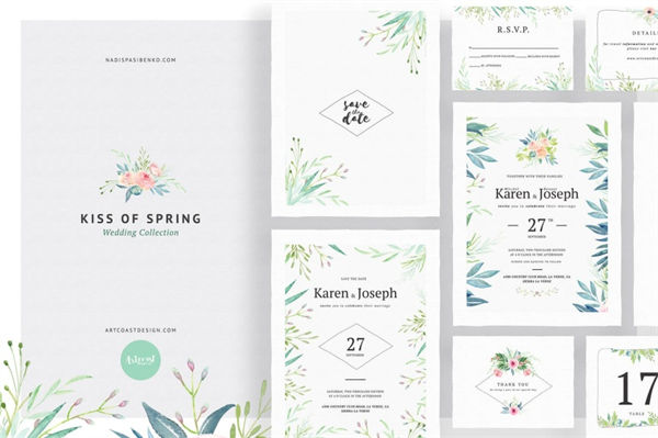 春季系列之吻婚礼手绘花卉元素请柬邀请函矢量模板 Kiss Of Spring Wedding Collection