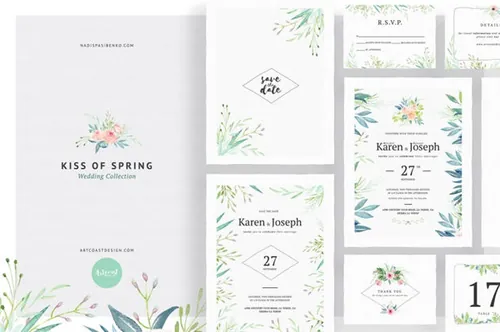 春季系列之吻婚礼手绘花卉元素请柬邀请函矢量模板 Kiss Of Spring Wedding Collection