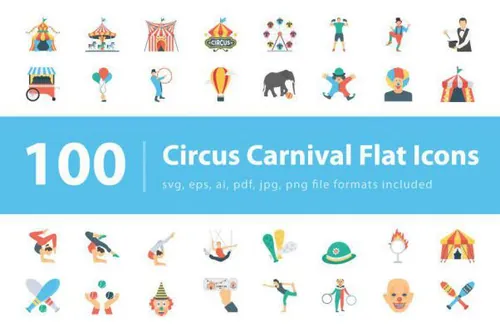 马戏团嘉年华图标素材 100 Circus Carnival Flat Icon