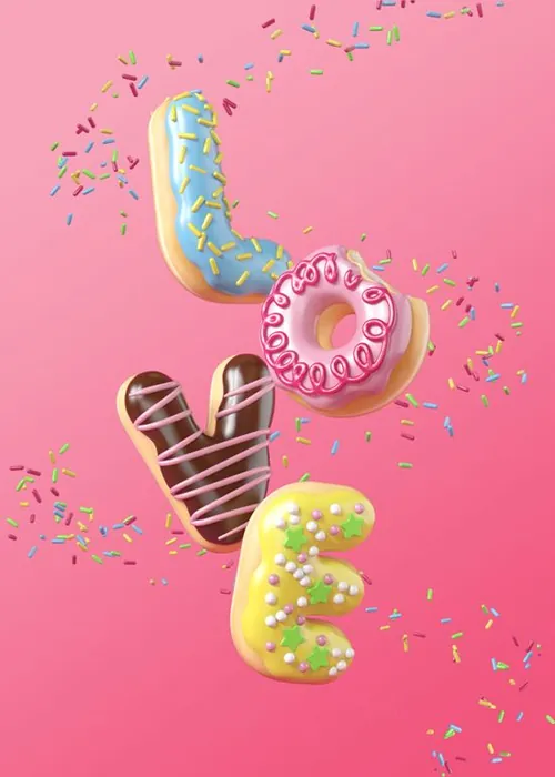 甜甜圈 甜蜜浪漫的情人节三维3D立体卡通文字特效PSD模板