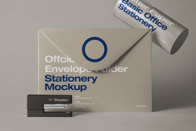 带有订书机和重力纸的现代psd信封模型样机 Psd Envelope Folder Stationery Mockup