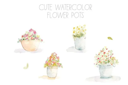 手绘水彩花盆设计素材Watercolor Flower Pots