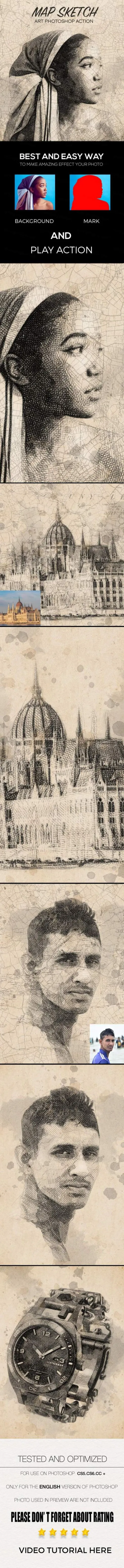 复古地图素描艺术Ps动作Art Photoshop Action