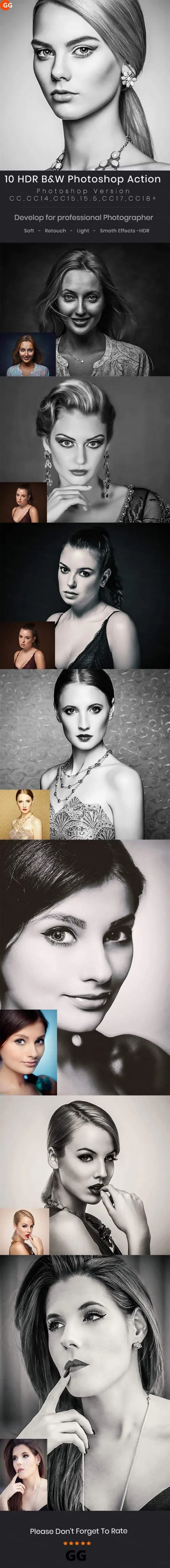 10个HDR黑白复古色调ps动作HDR Bamp;amp;W Photoshop Effect