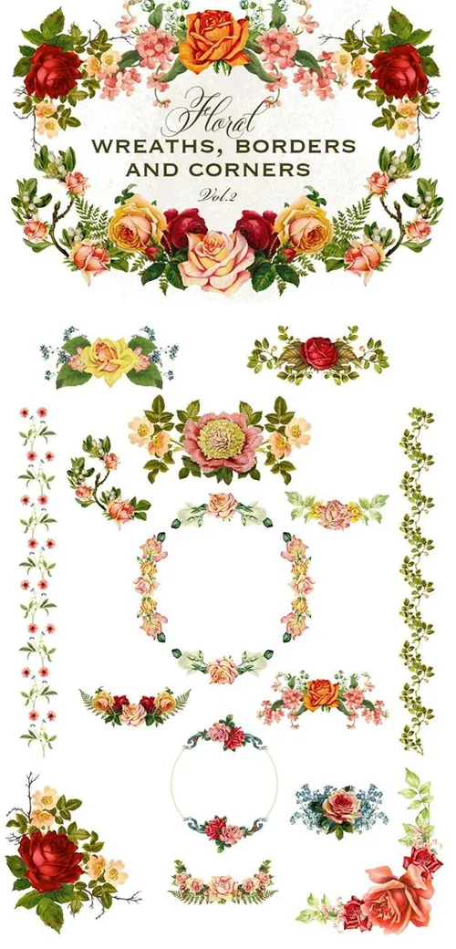 复古花卉设计素材Floral Wreaths BordersCorners 2